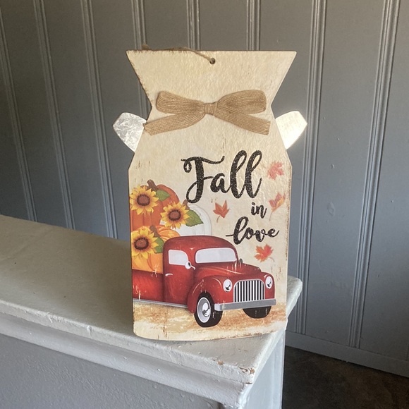 NWT Glittered FALL IN LOVE Harvest Red Farm Truck Wood Milk Jug Decoration Sign - Picture 13 of 17